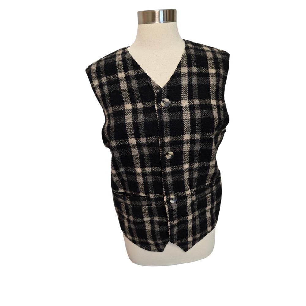 Womens Wool Vest Black White Plaid‎ Size Small 90s Vintage